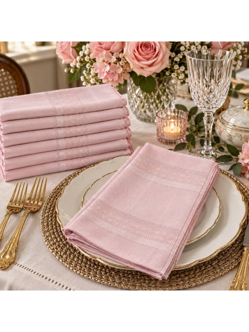 Set of 6 16x16 Vintage Blush Pink Dinner Table Cloth Formal Linens Napkins